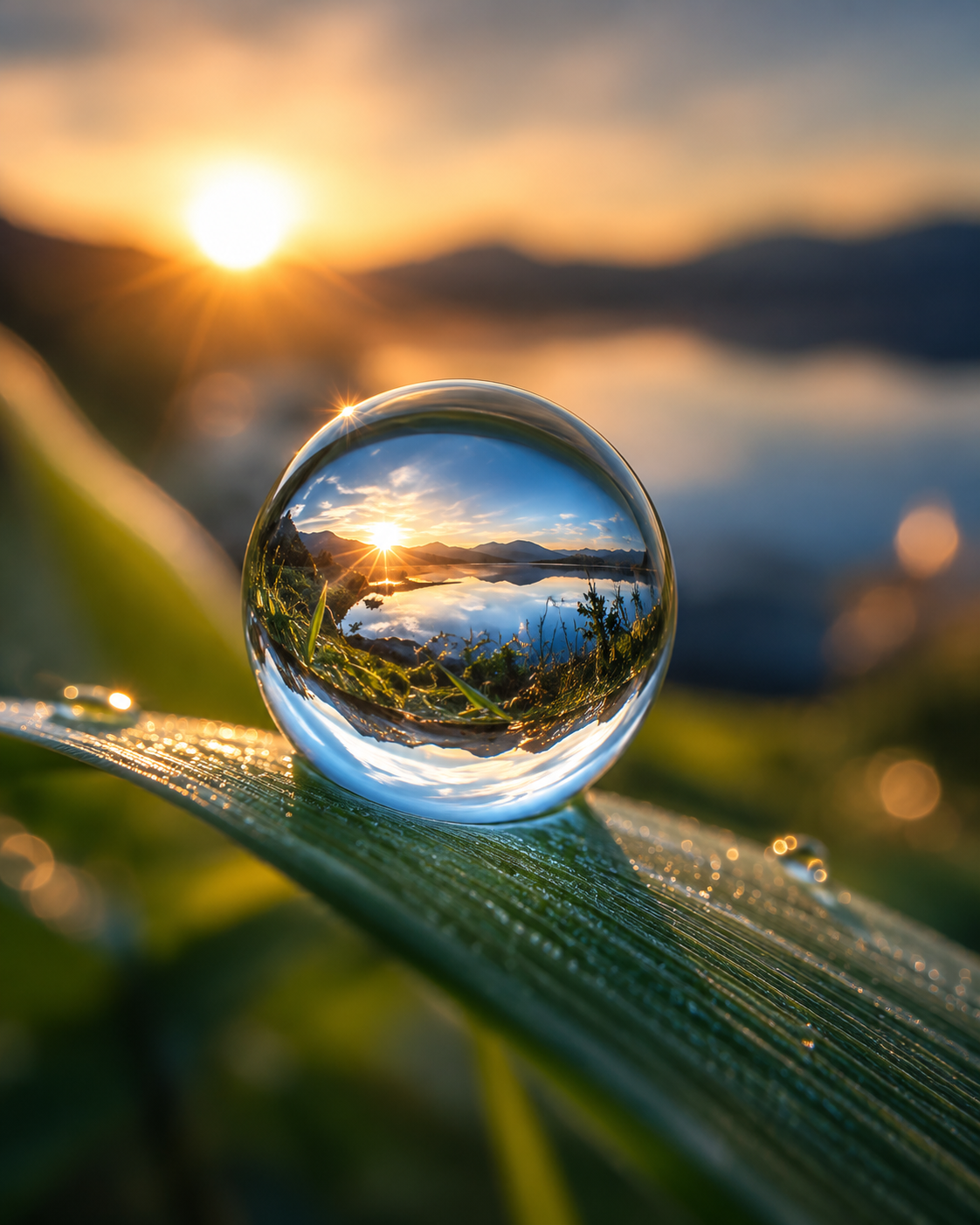 A single dew drop holding an entire sunrise landscape in perfect focus
