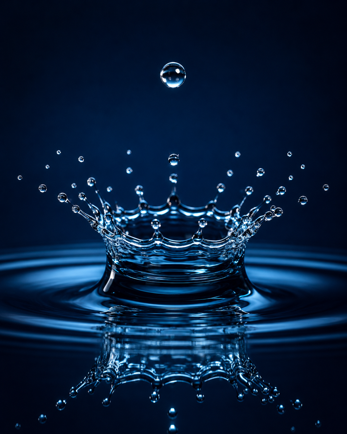 A single drop striking still water, crown splash frozen mid-air